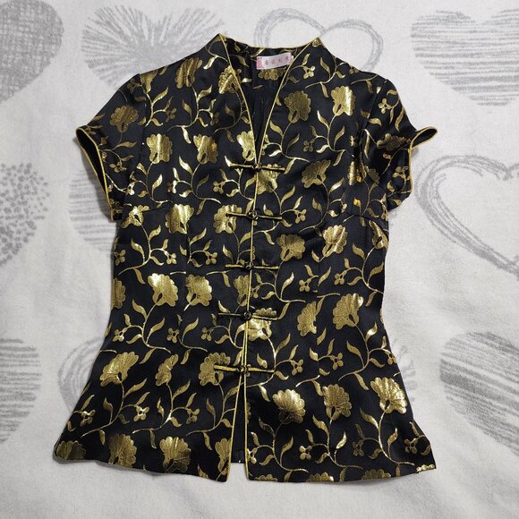 100% Silk Women's Black and Gold Chinese Blouse Tang/Hangzhou - Picture 1 of 5